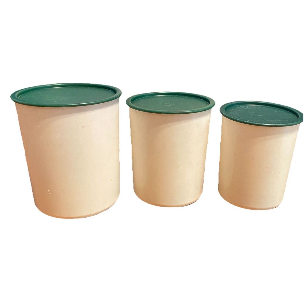 Vintage Tupperware Canister Set of 3 Forest Green Lids White Bases Made in USA